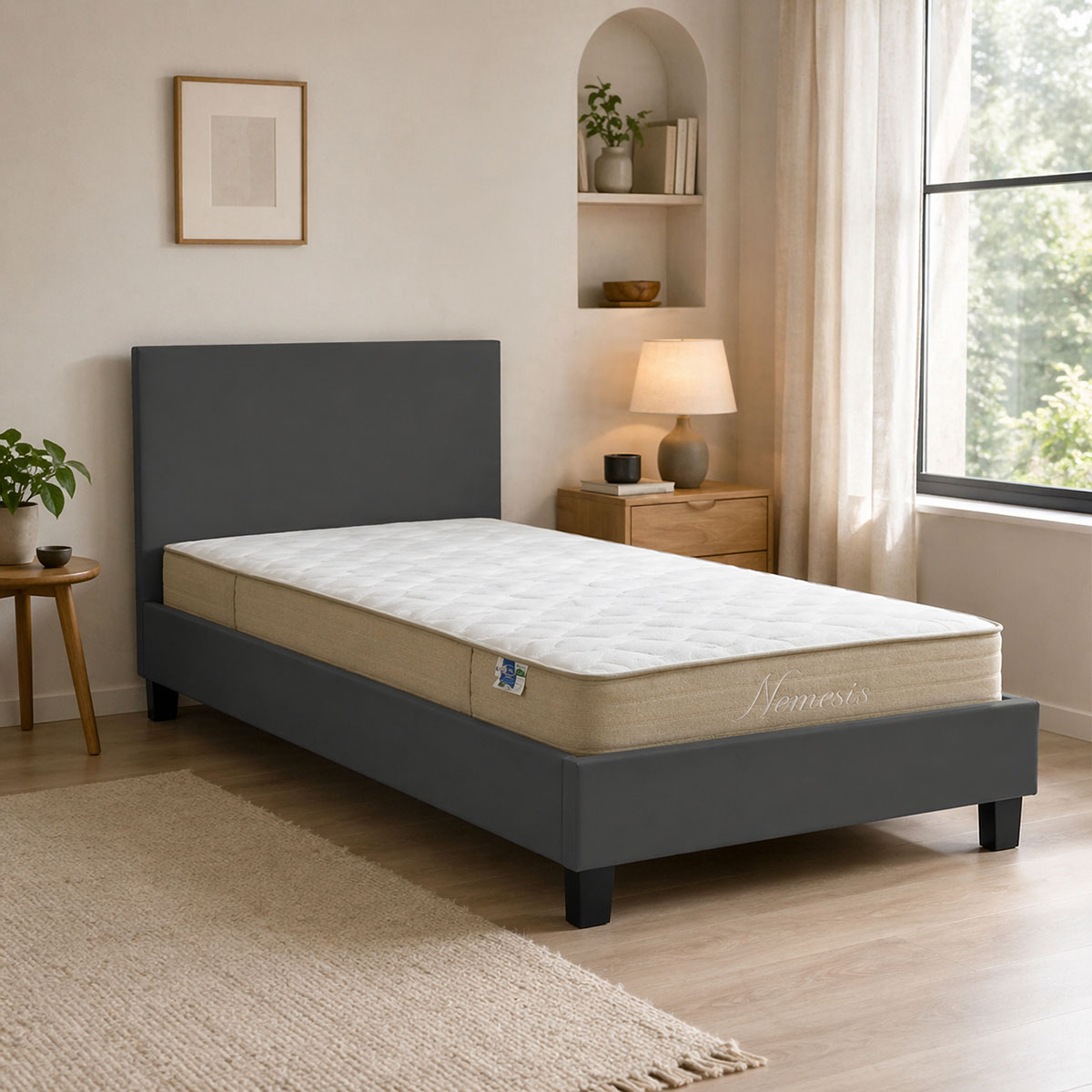 200-001699 Bed with mattress Nevil-Nemesis fabric anthracite-black leg 90x190 cm - Слика 1