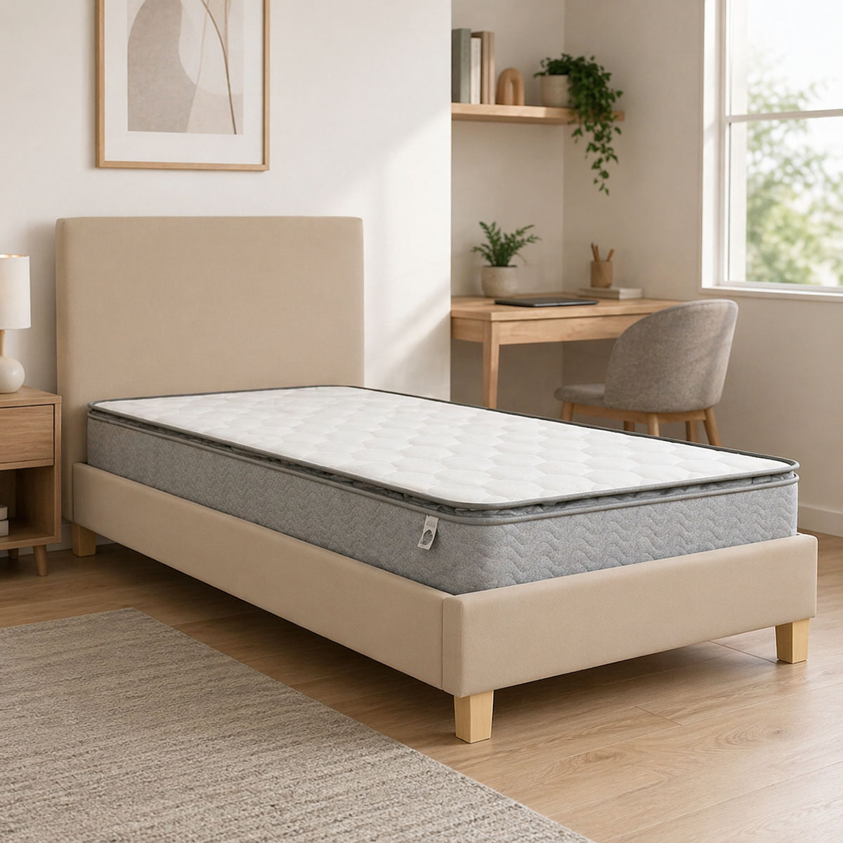 200-001700 Bed with mattress Nevil-Perfecto fabric ecru- leg natural shade 90x190cm - Image 1