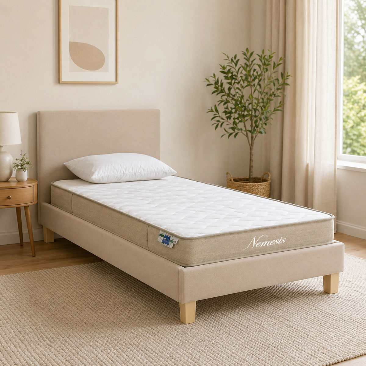 200-001701 Bed with mattress Nevil-Nemesis fabric ecru-natural shade leg 90x190cm - Image 1