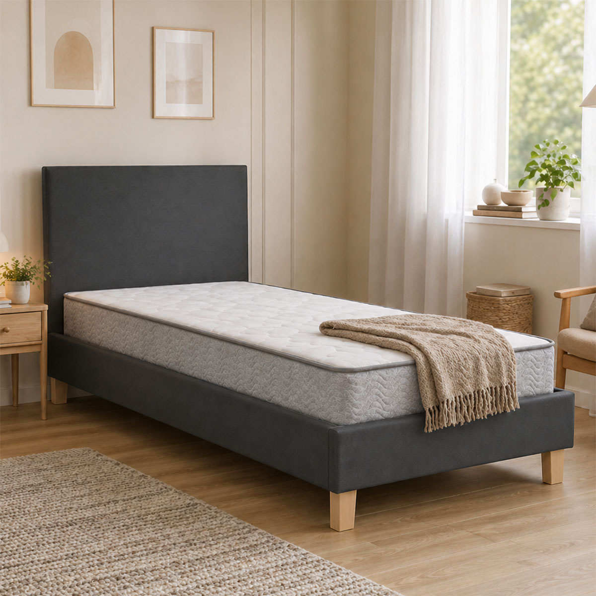 200-001702 Bed with mattress Nevil-Perfecto fabric anthracite-natural shade leg 90x190cm - Image 1