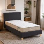 Bed with mattress Nevil-Nemesis fabric anthracite-natural shade leg 90x190cm