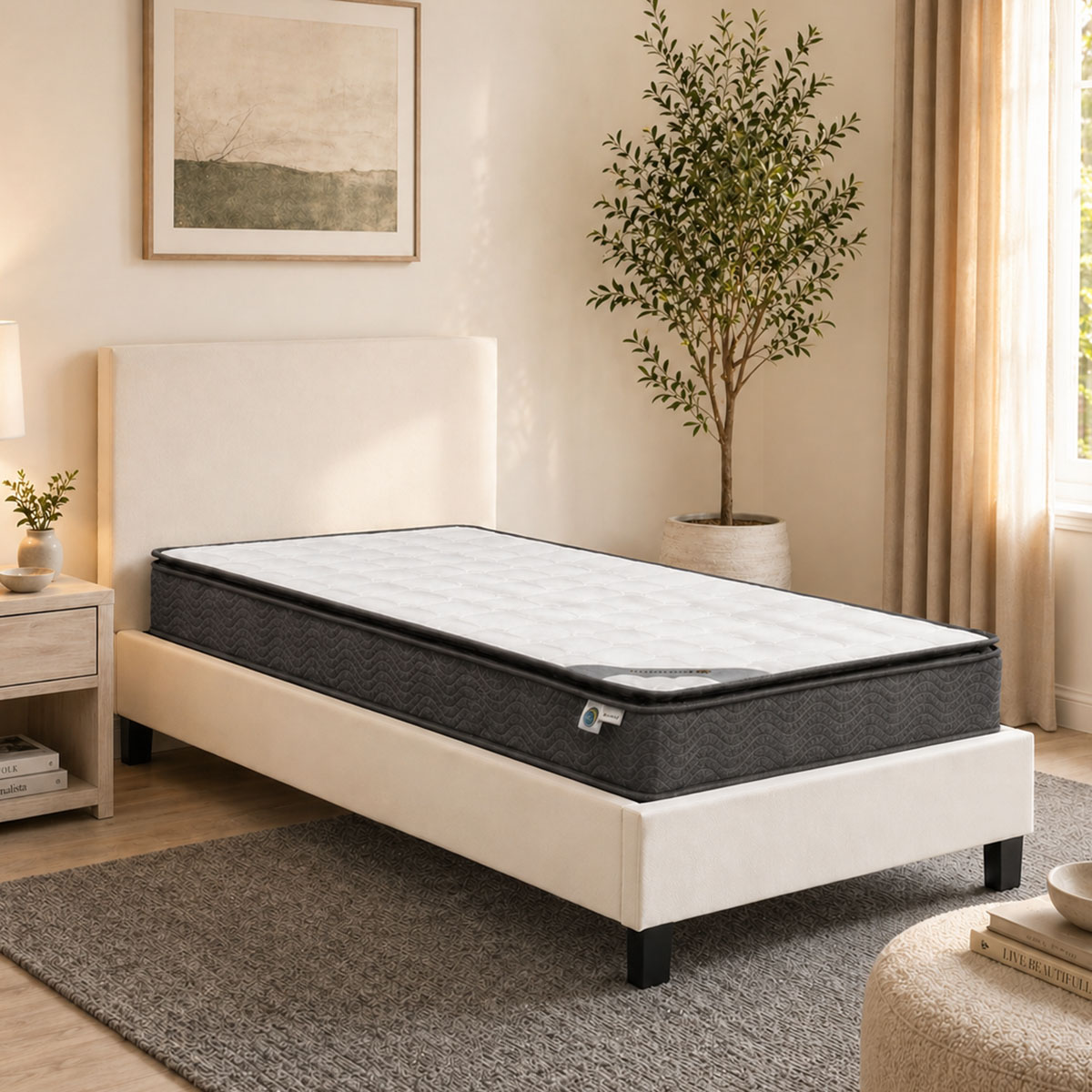 200-001704 Bed with mattress Nevil-Perfecto PU white 100x200cm - Image 1