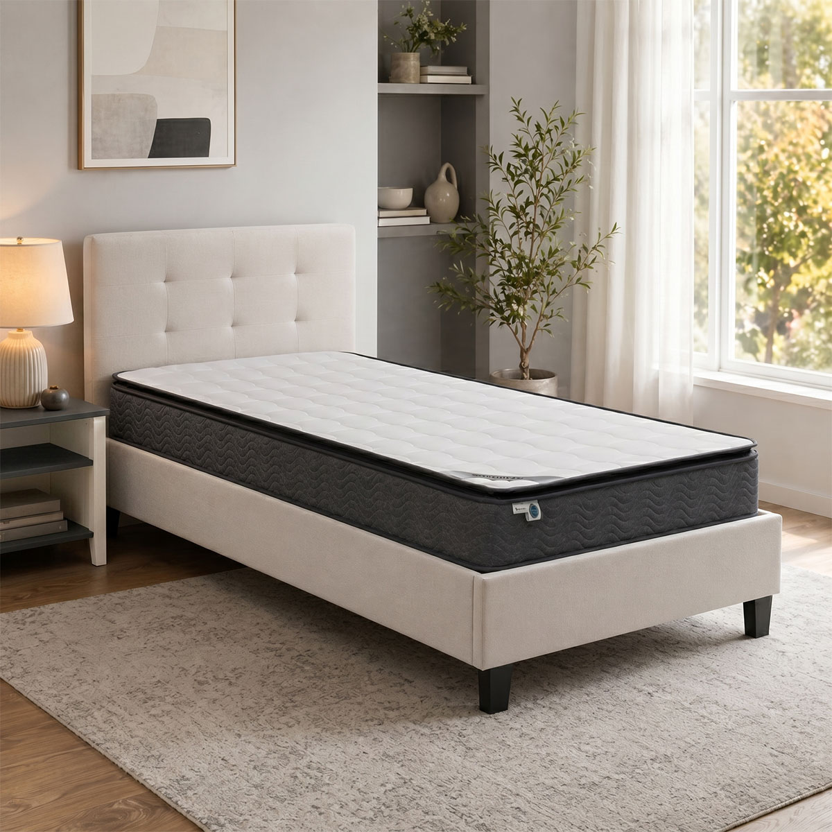 200-001706 Bed with mattress Mago-Perfecto fabric ecru 100x200cm - Image 1