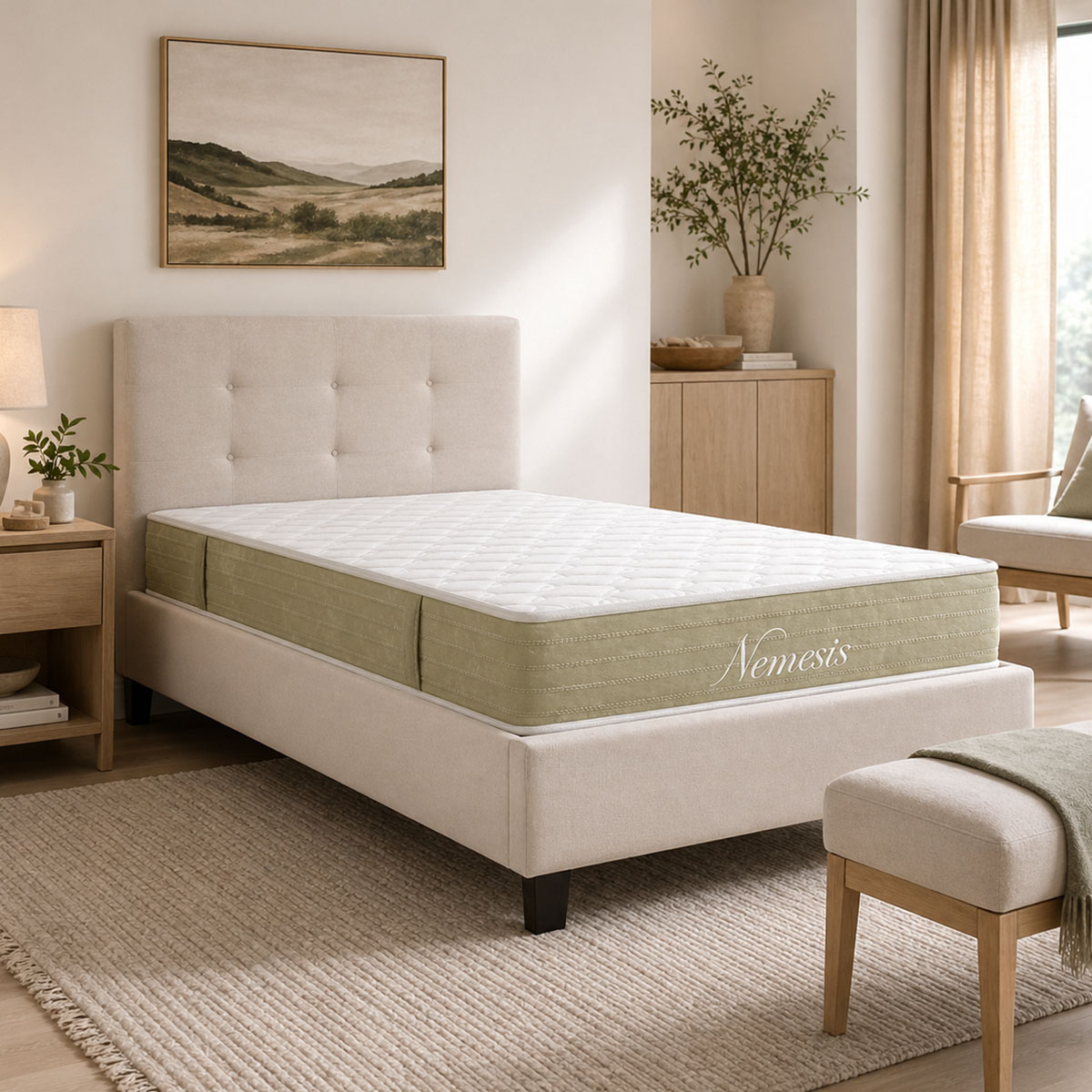 200-001707 Bed with mattress Mago-Nemesis fabric ecru 100x200cm - Image 1