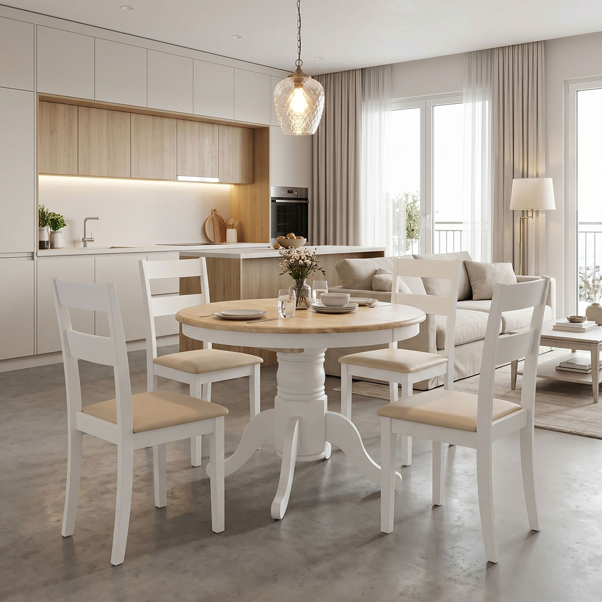 200-001709 Dining set Dallan Lars 5pcs white rubberwood Φ100(+38)x100x75cm - Слика 1