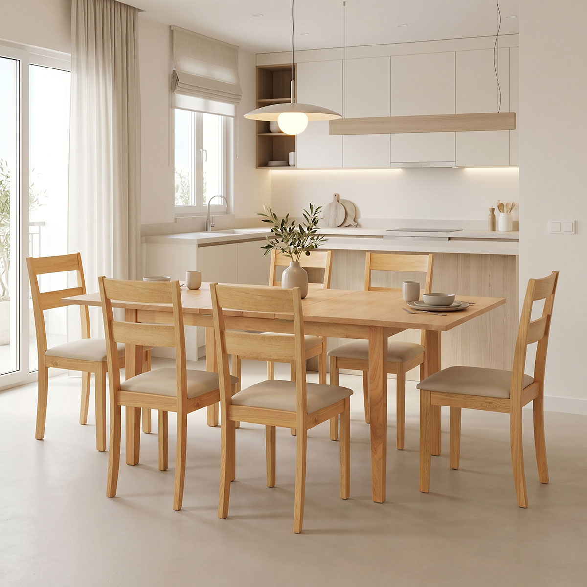 200-001712 Dining set Dallan Country 7pcs in natural shade rubberwood 120-150x80x74cm - Image 1