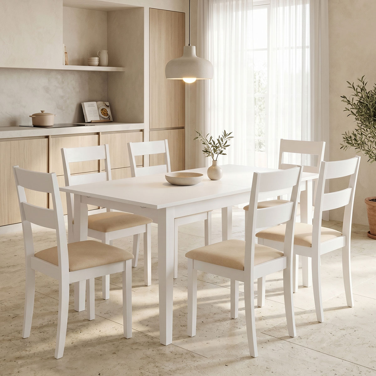 200-001714 Dining set Dallan Mabor 7pcs white rubberwood 120-150x80x73.8cm - Image 1