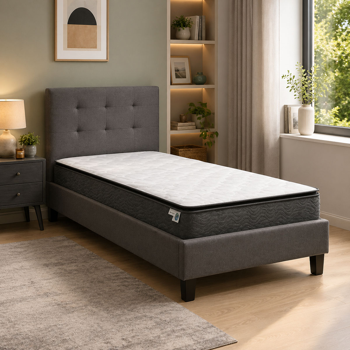 200-001715 Bed with mattress Mago-Perfecto fabric anthracite 100x200cm - Слика 1