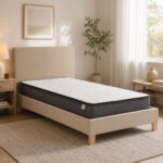 Bed with mattress Nevil-Perfecto fabric ecru - wooden leg in natural shade 100x200cm