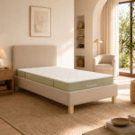 Bed with mattress Nevil-Nemesis fabric beige - wooden leg in natural shade 100x200cm