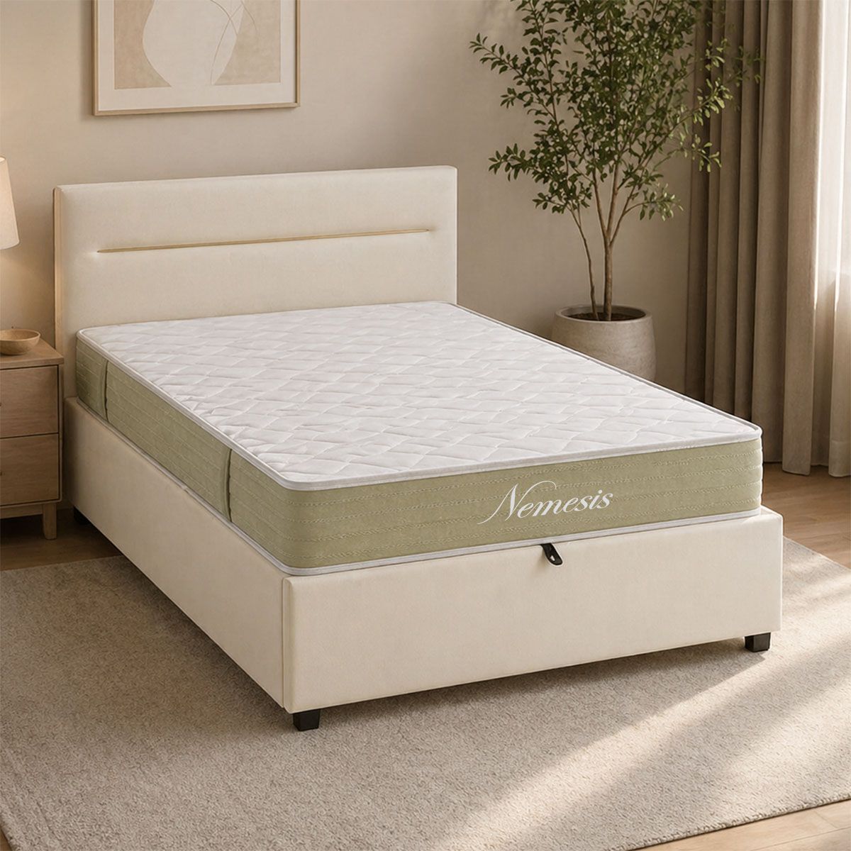 200-001736 Bed with mattress and storage space Molito-Nemesis velvet ecru 120x200cm - Image 1