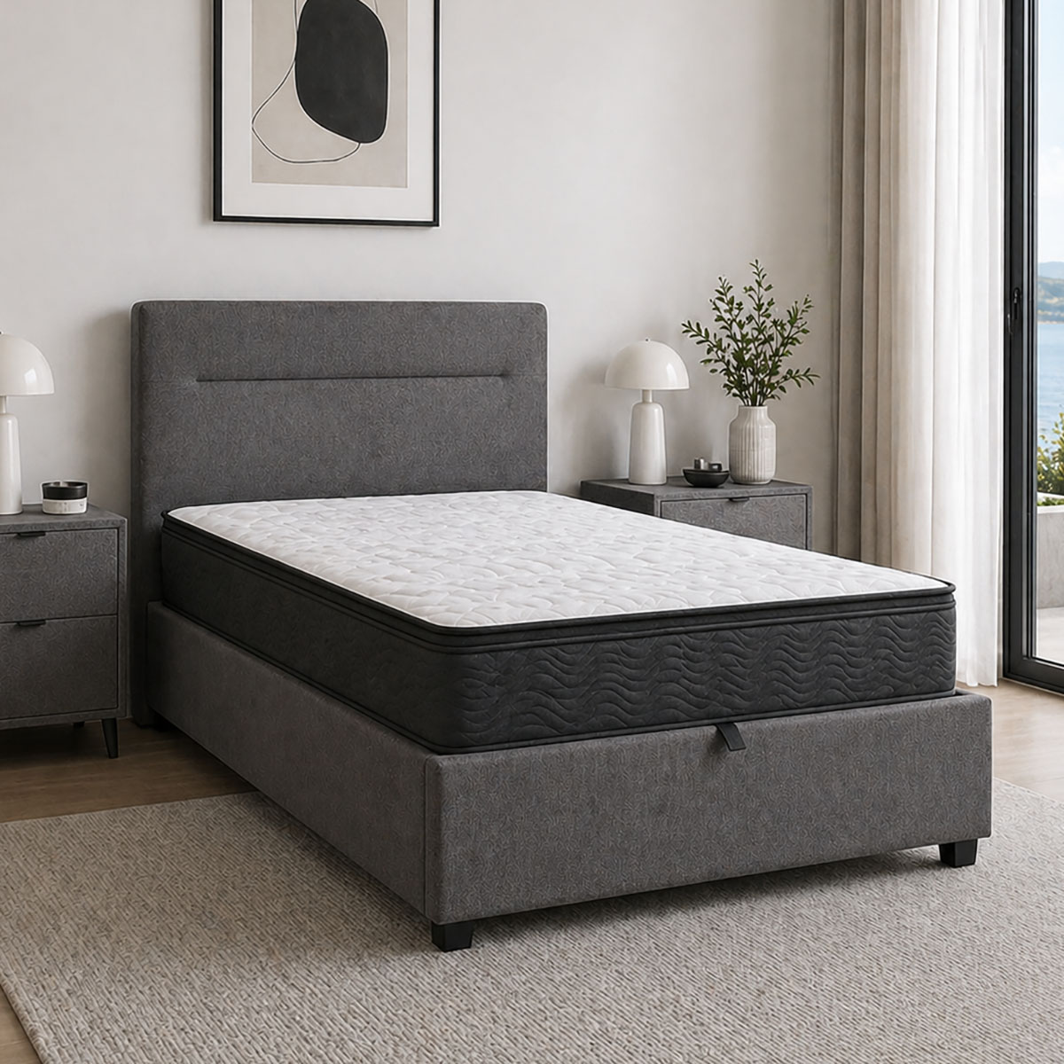 200-001737 Bed with mattress and storage space Molito-Perfecto fabric anthracite 120x200cm - Image 1