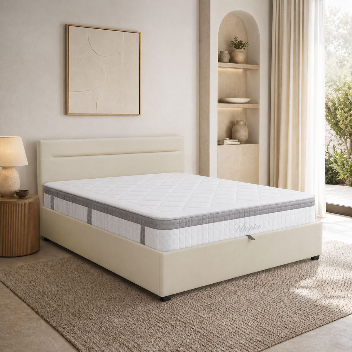 200-001739 Bed with mattress and storage space Molito-Utopia velvet ecru 150x200cm - Image 1