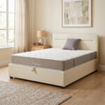 Bed with mattress and storage space Molito-Nemesis velvet ecru 150x200cm