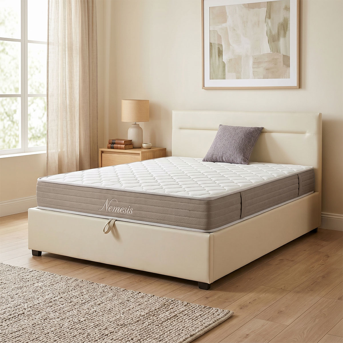200-001740 Bed with mattress and storage space Molito-Nemesis velvet ecru 150x200cm - Image 1