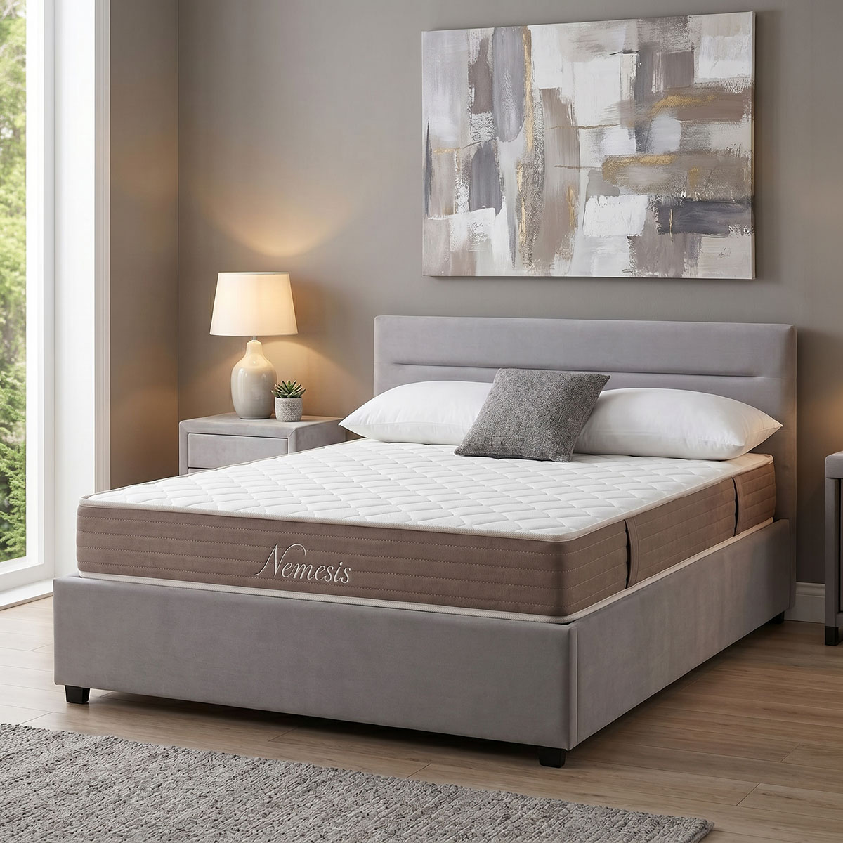 200-001744 Bed with mattress and storage space Molito-Nemesis velvet gray 150x200cm - Image 1