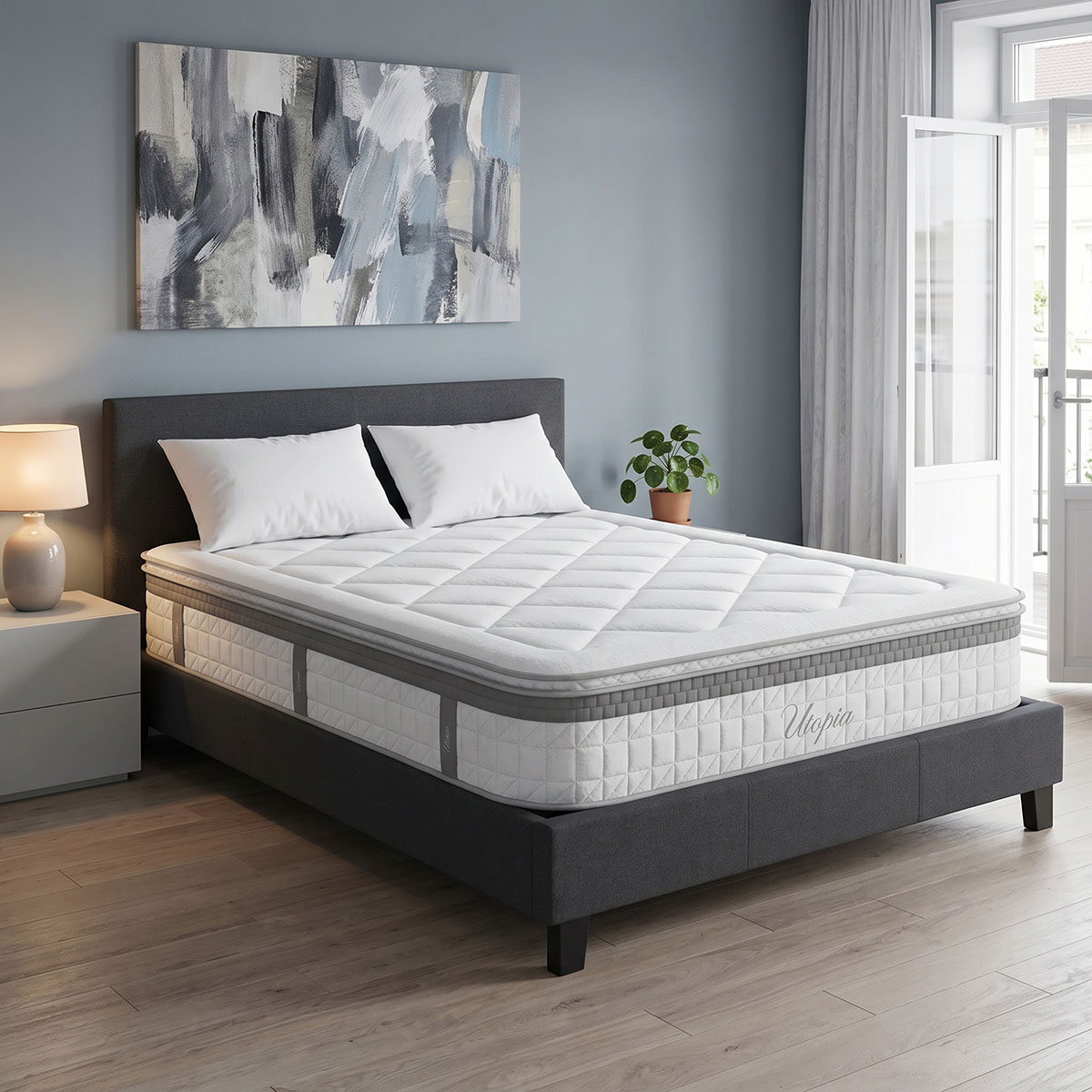 200-001747 Bed with mattress Nevil-Utopia anthracite fabric 150x200cm - Image 1