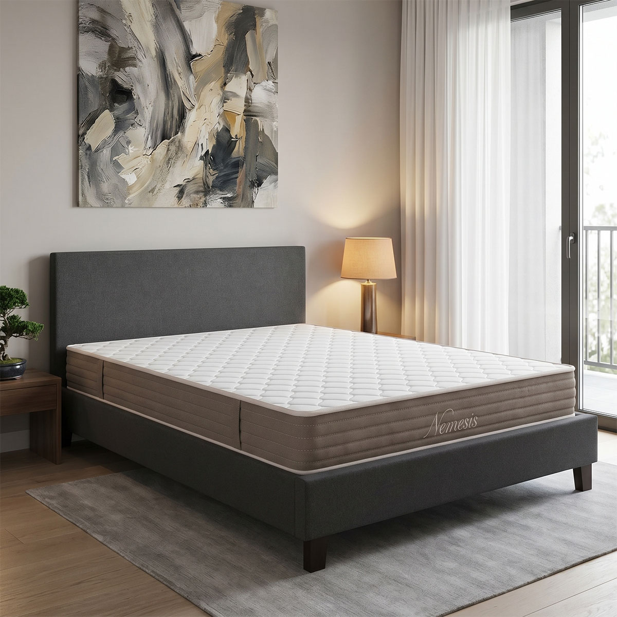 200-001748 Bed with mattress Nevil-Nemesis anthracite fabric 150x200cm - Image 1