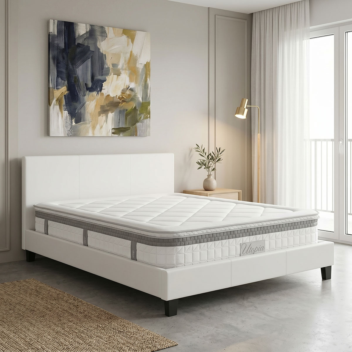 200-001755 Bed with mattress Nevil-Utopia Pakoworld PU white 150x200cm - Image 1