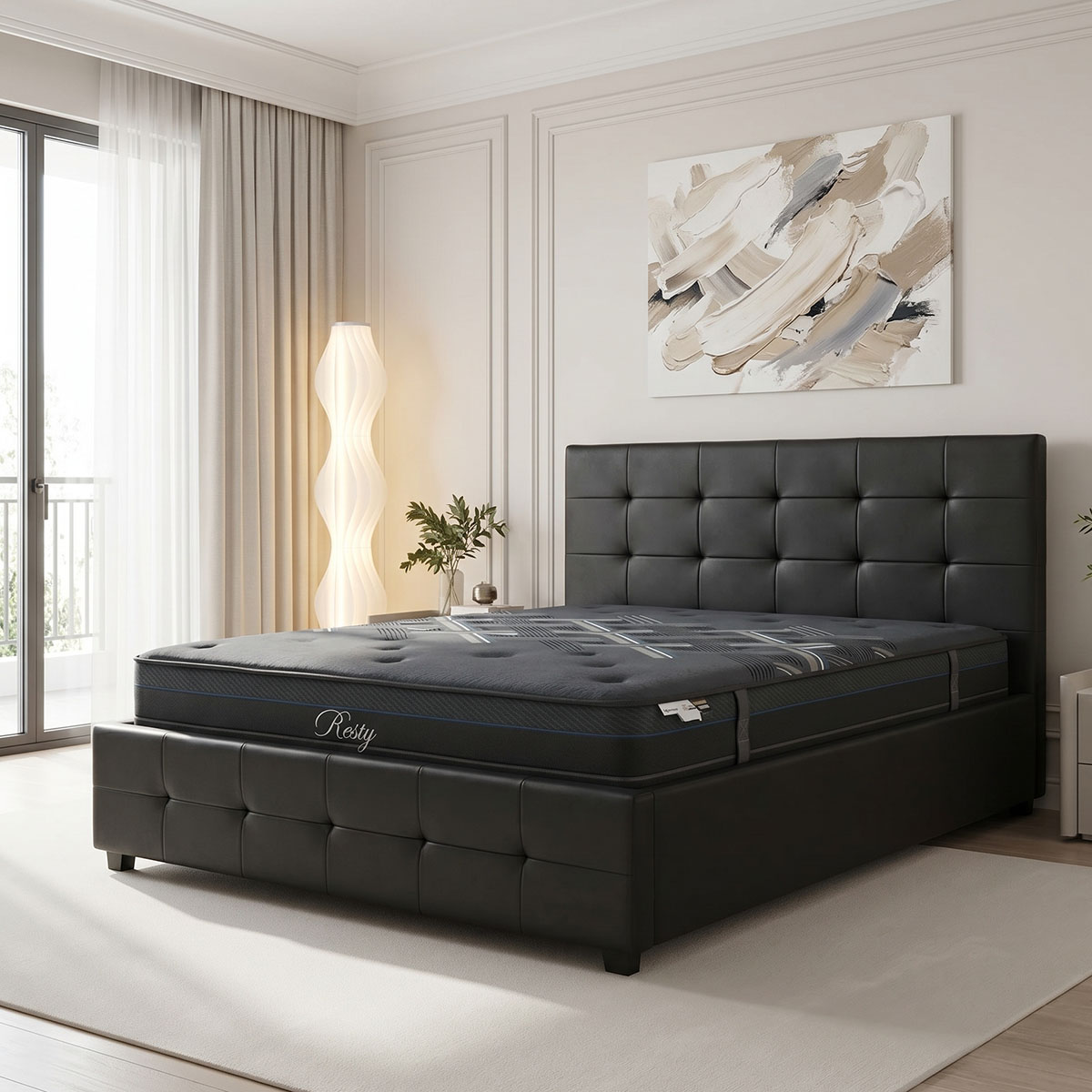 200-001759 Bed with mattress and storage space Roi-Resty Pakoworld PU black 160x200cm - Слика 1