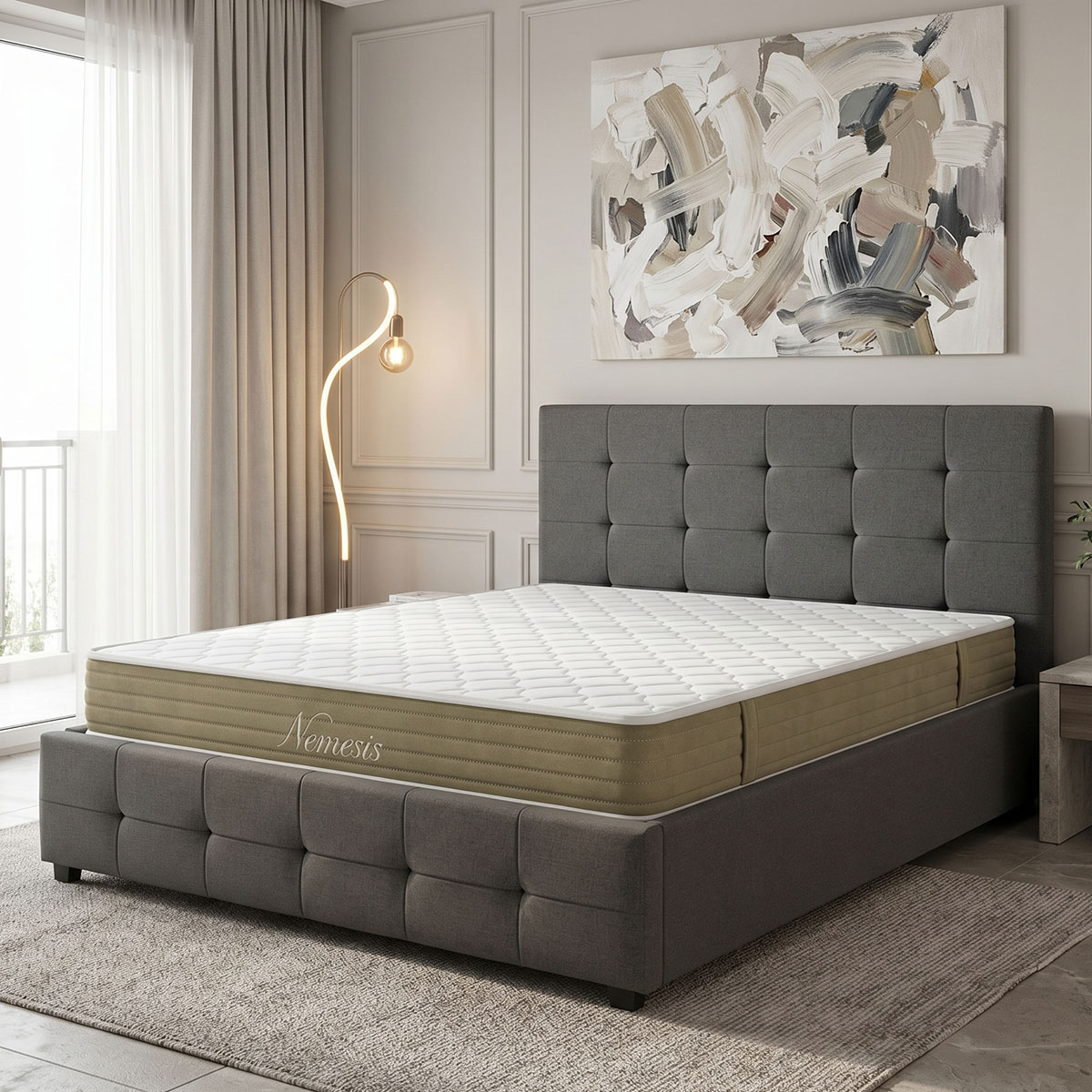 200-001762 Bed with mattress and storage space Roi-Nemesis fabric charcoal 160x200cm - Слика 1