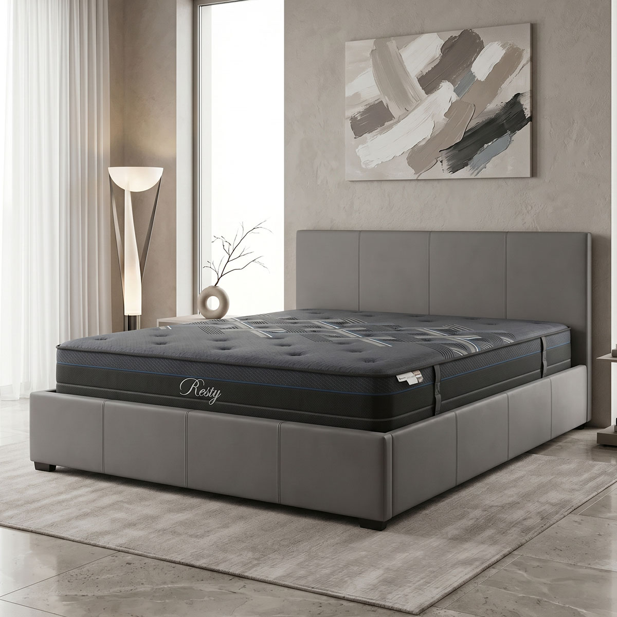 200-001769 Bed with mattress and storage space Norse-Resty gray PU 160x200cm - Слика 1
