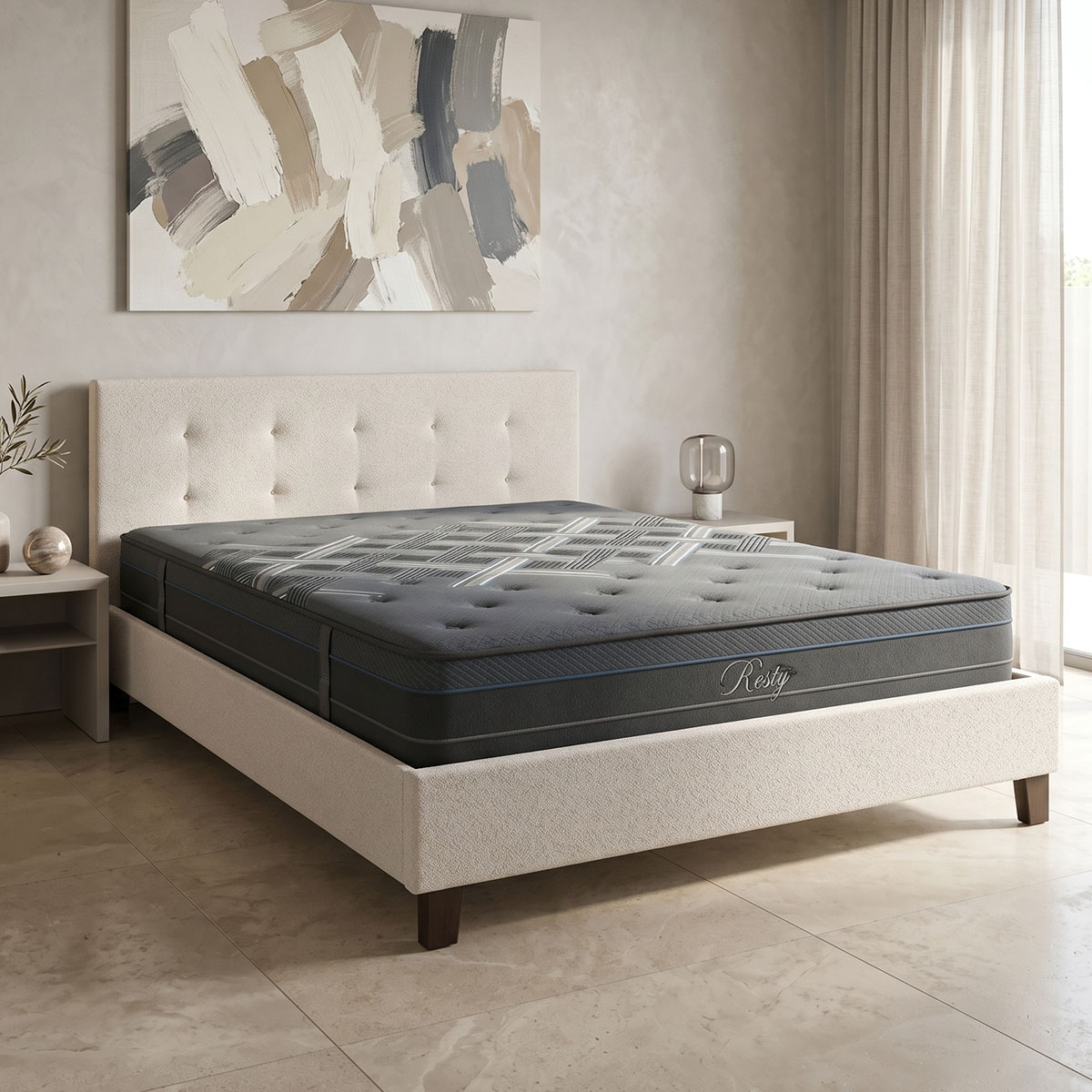 200-001771 Bed with mattress Mago-Resty fabric ecru 160x200cm - Слика 1