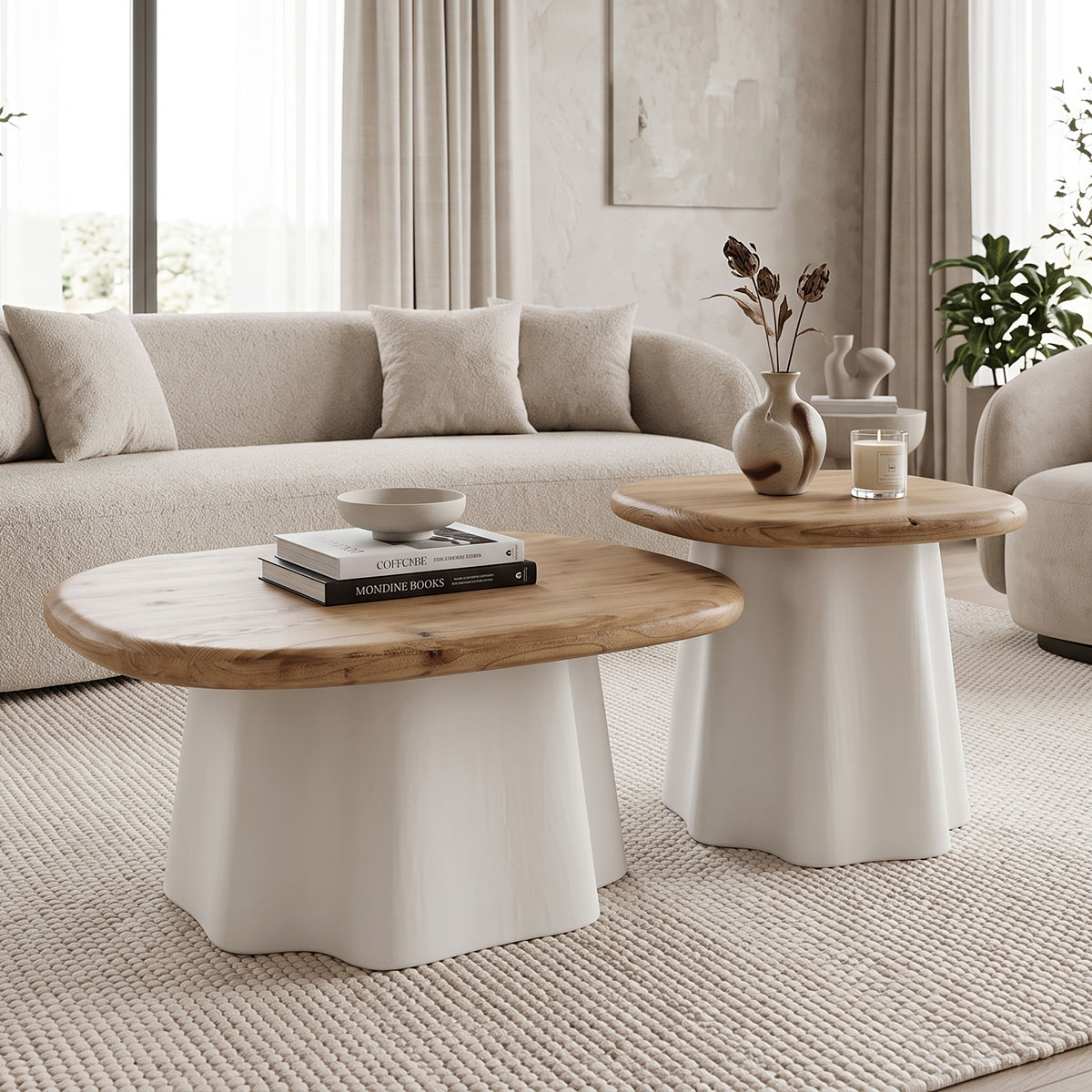 200-001858 Coffee tables Loberta set 2 pcs fir wood in natural shade with white - Слика 1