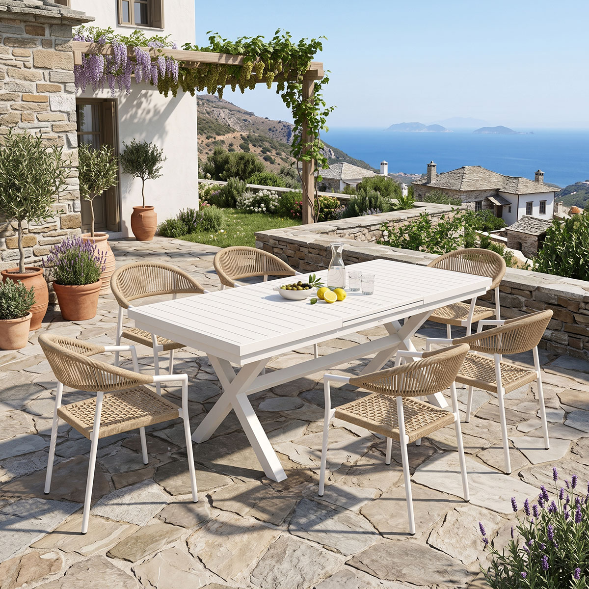 200-001860 Dining set Dagyn Ammos set 7pcs white aluminum with PE rope in natural shade 180-240x90x76cm - Image 1