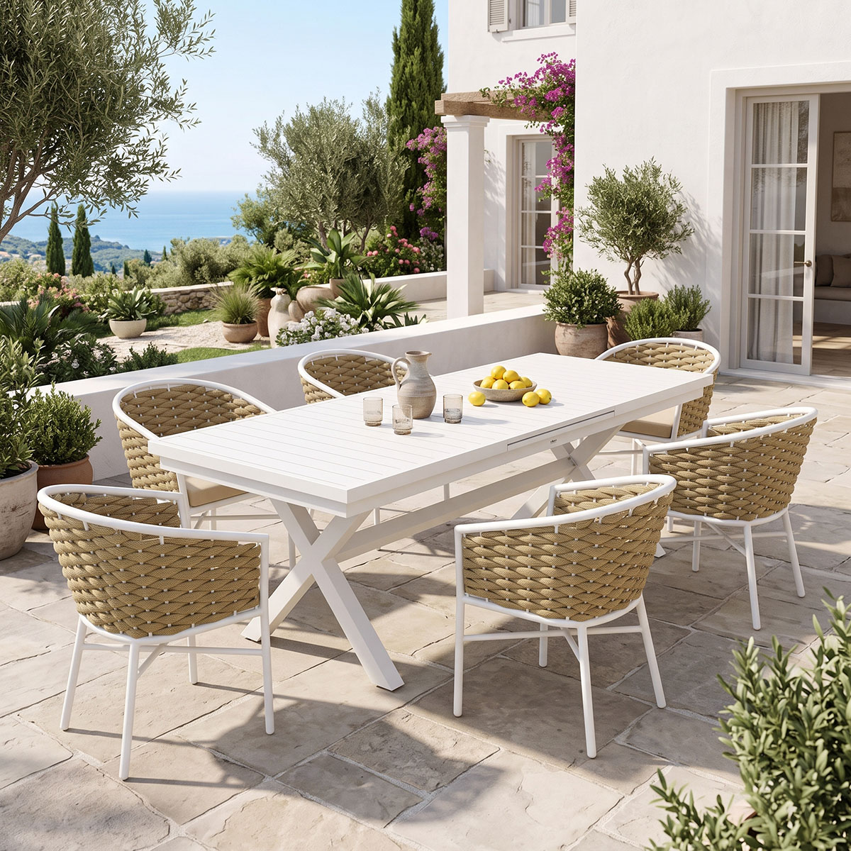 200-001861 Dining set Dagyn Noevo set 7pcs white aluminum with PE rope in natural shade 180-240x90x76cm - Image 1