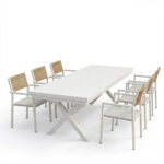 Dining set Dagyn Savor set 7pcs white aluminum with textline PE rattan in natural shade 180-240x90x76cm - Слика 2