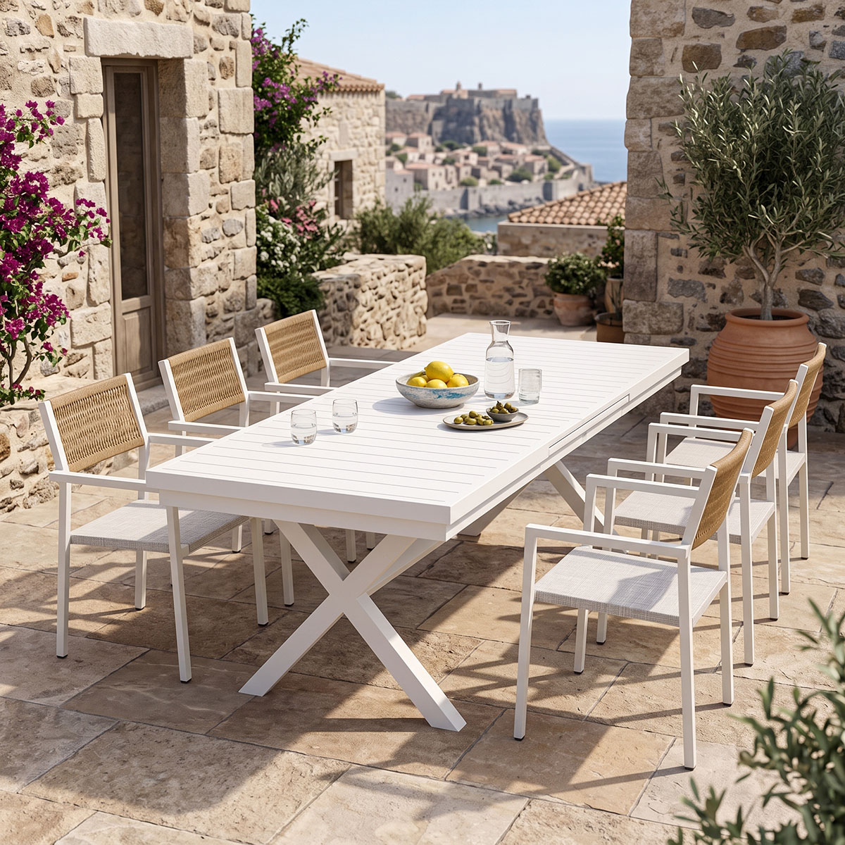 200-001862 Dining set Dagyn Savor set 7pcs white aluminum with textline PE rattan in natural shade 180-240x90x76cm - Слика 1