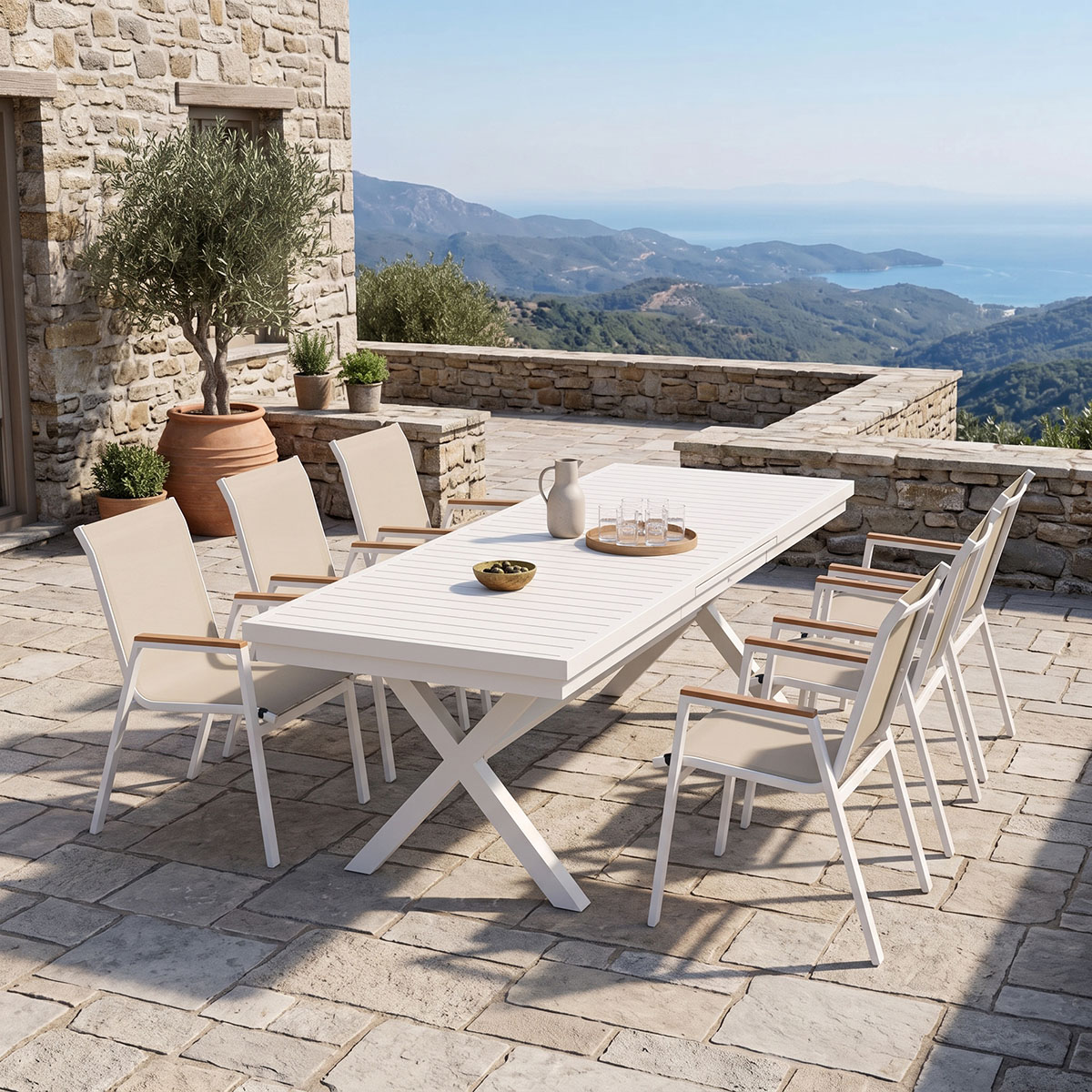 200-001863 Dining set Dagyn Azelie set 7pcs white aluminum with beige textilene 180-240x90x76cm - Image 1