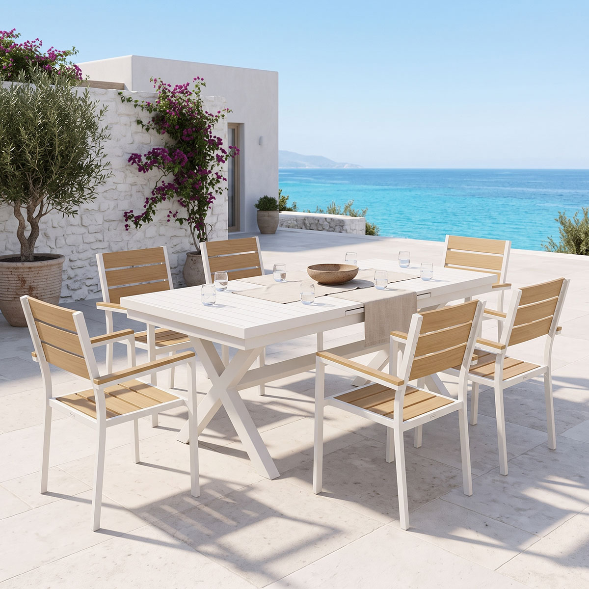 200-001864 Dining set Dagyn Breze set 7pcs white aluminum with natural shade 180-240x90x76cm - Image 1