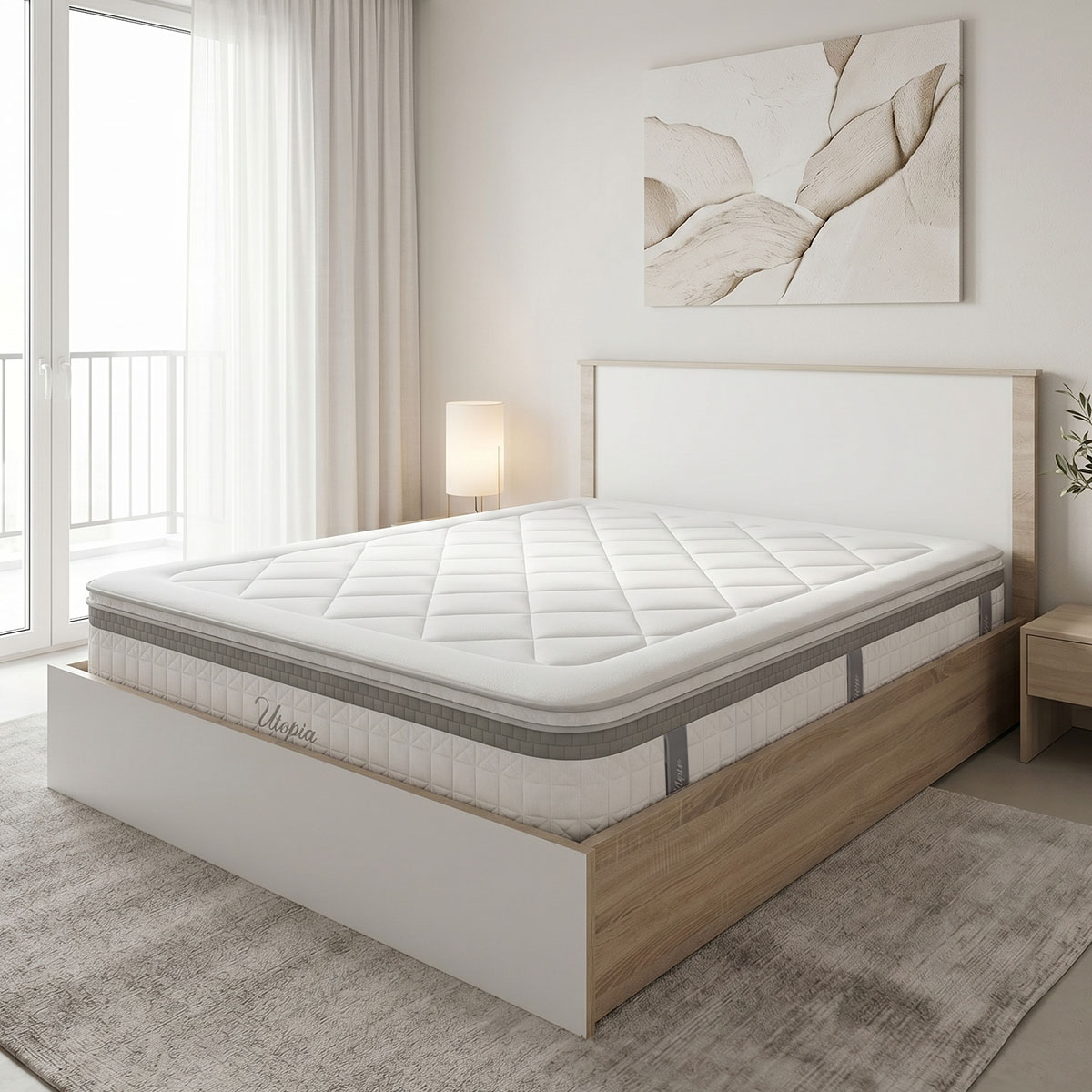 200-001874 Bed with mattress Athos Utopia Pakoworld sonoma and white 160x200cm - Image 1