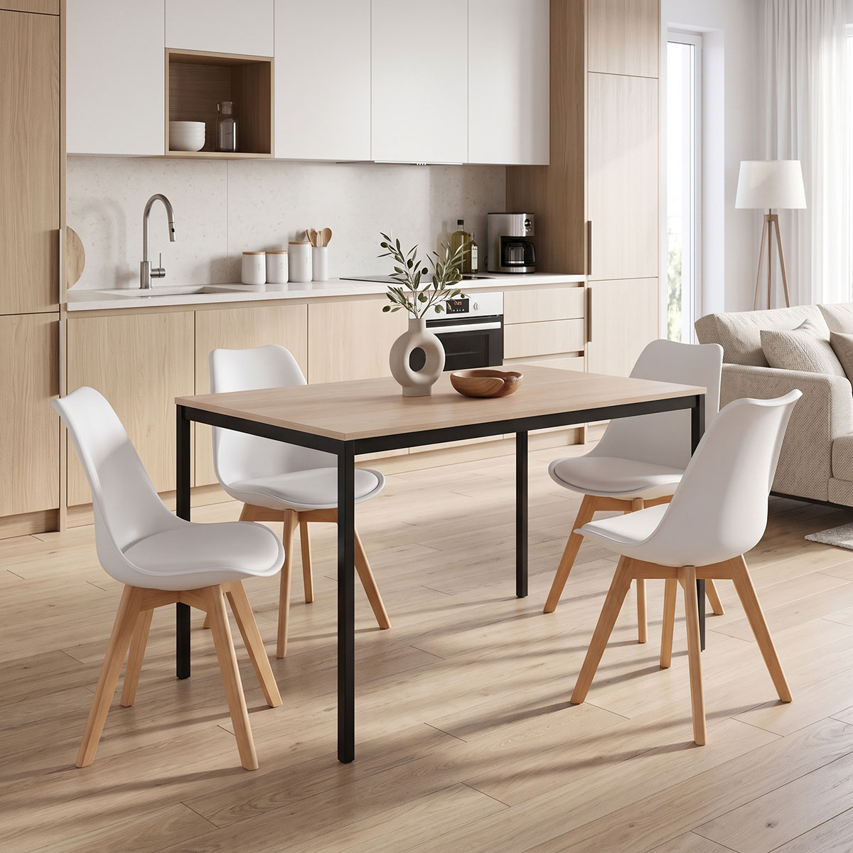 200-001885 Dining set with Gaston white Chairs and Faragio Table black with natural shade 120x75x75cm set 5pcs - Image 1