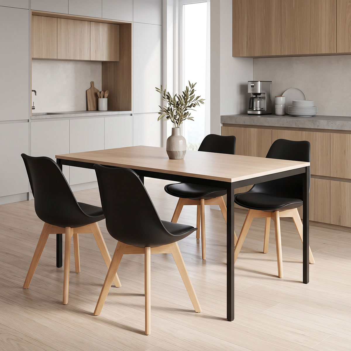 200-001886 Dining set with Gaston black Chairs and Faragio Table black with natural shade 120x75x75cm set 5pcs - Image 1