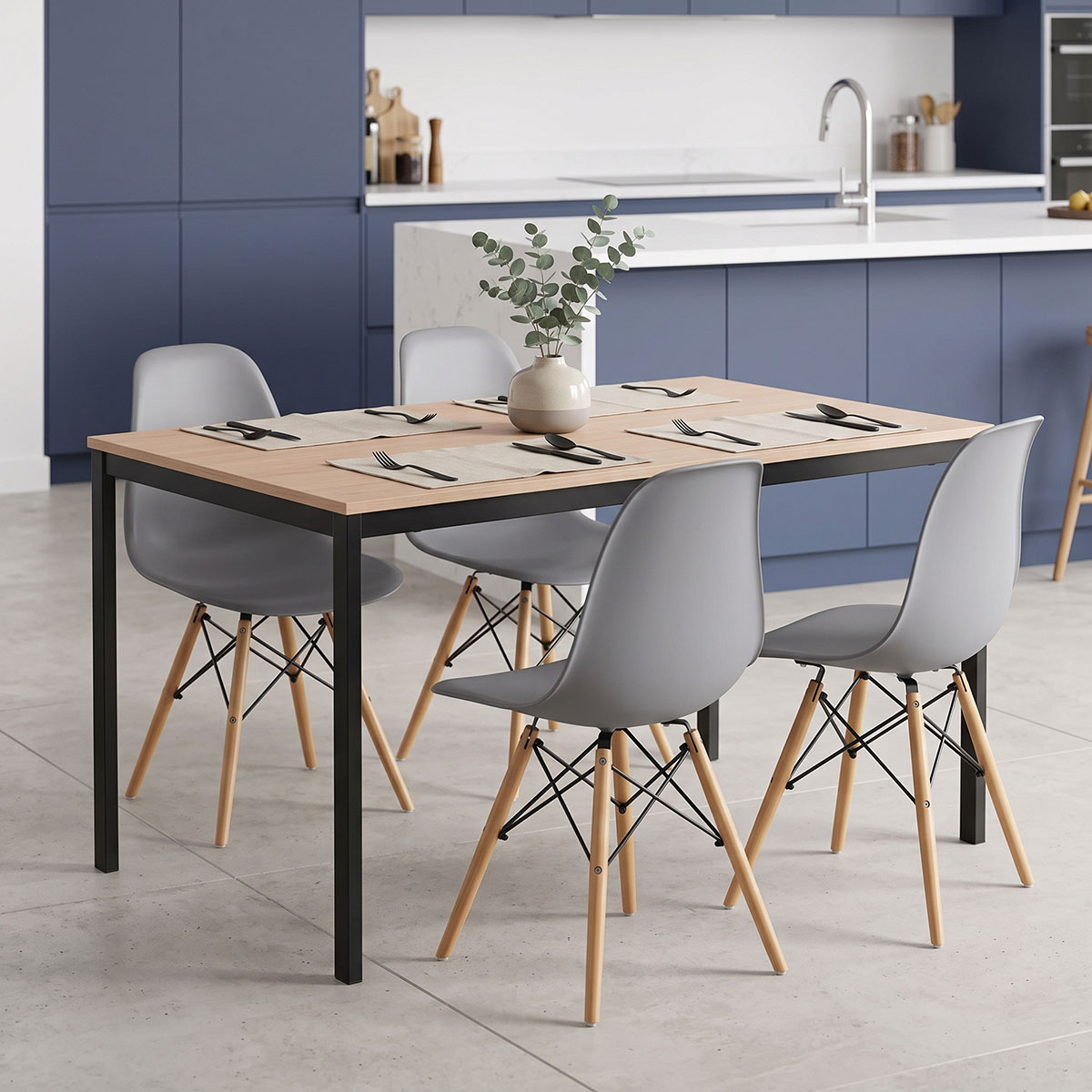 200-001887 Dining set with Julita grey Chairs and Faragio Table black natural shade 120x75x75cm Set 5pcs - Image 1