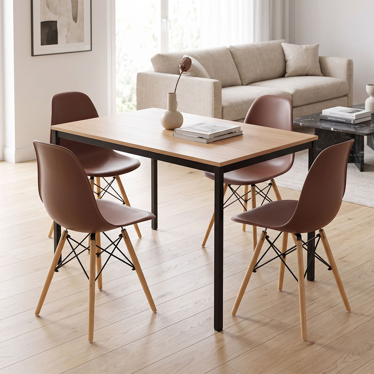200-001888 Dining set with Julita brown Chairs and Faragio Table black with natural shade 120x75x75cm Set 5pcs - Слика 1