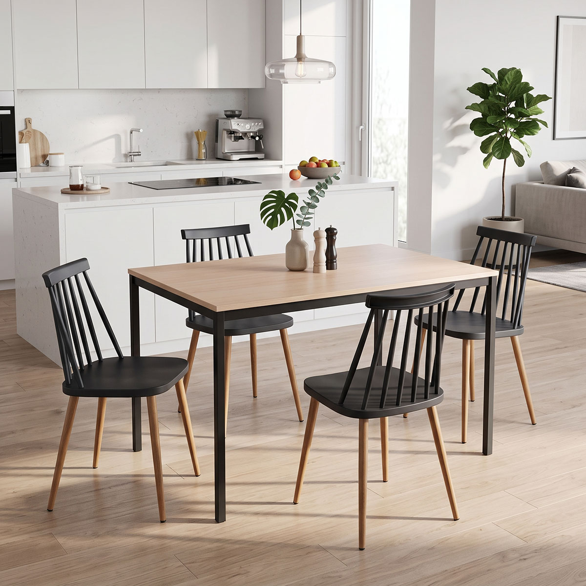 200-001889 Dining set with Aurora black Chairs and Faragio Table black with natural shade 120x75x75cm Set 5pcs - Image 1