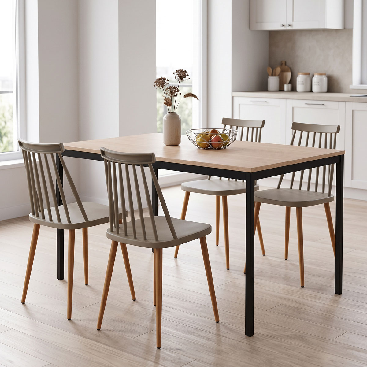 200-001890 Dining set with Aurora mocha Chairs and Faragio Table black in natural shade 120x75x75cm Set 5pcs - Image 1