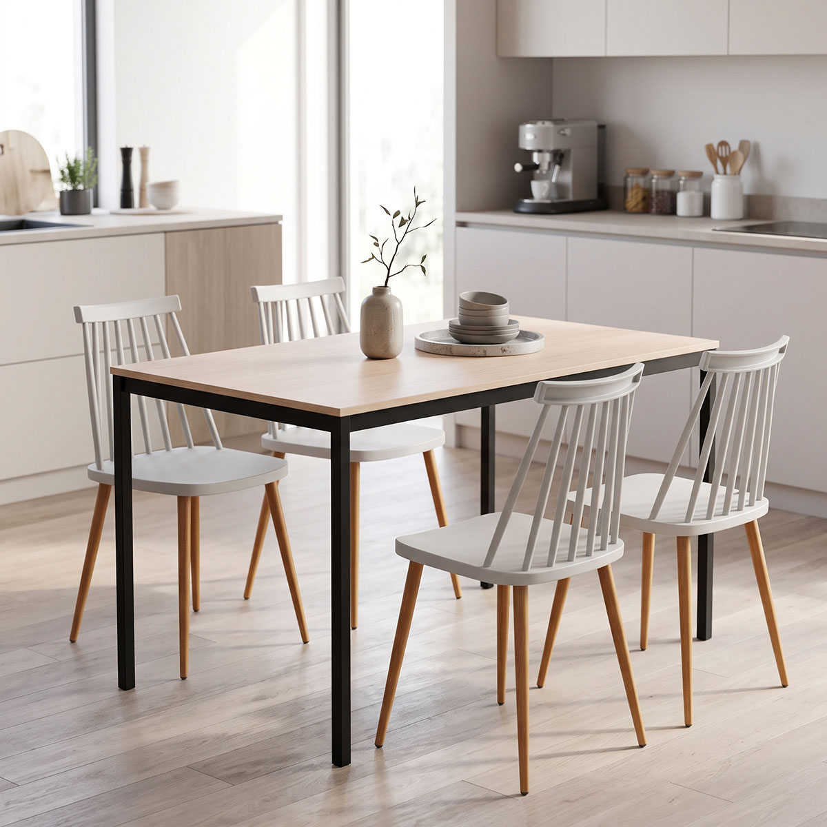 200-001891 Dining set with Aurora grey Chairs and Faragio Table black with natural shade 120x75x75cm Set 5pcs - Image 1