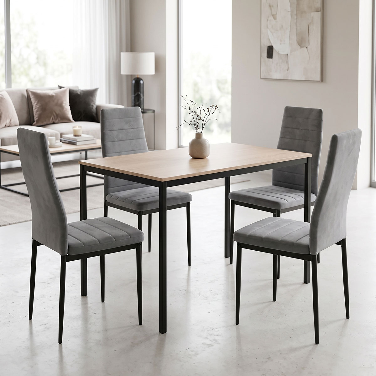 200-001894 Dining Table with Chairs Parker grey and Table Faragio black with natural shade 120x75x75cm Set 5pcs - Слика 1