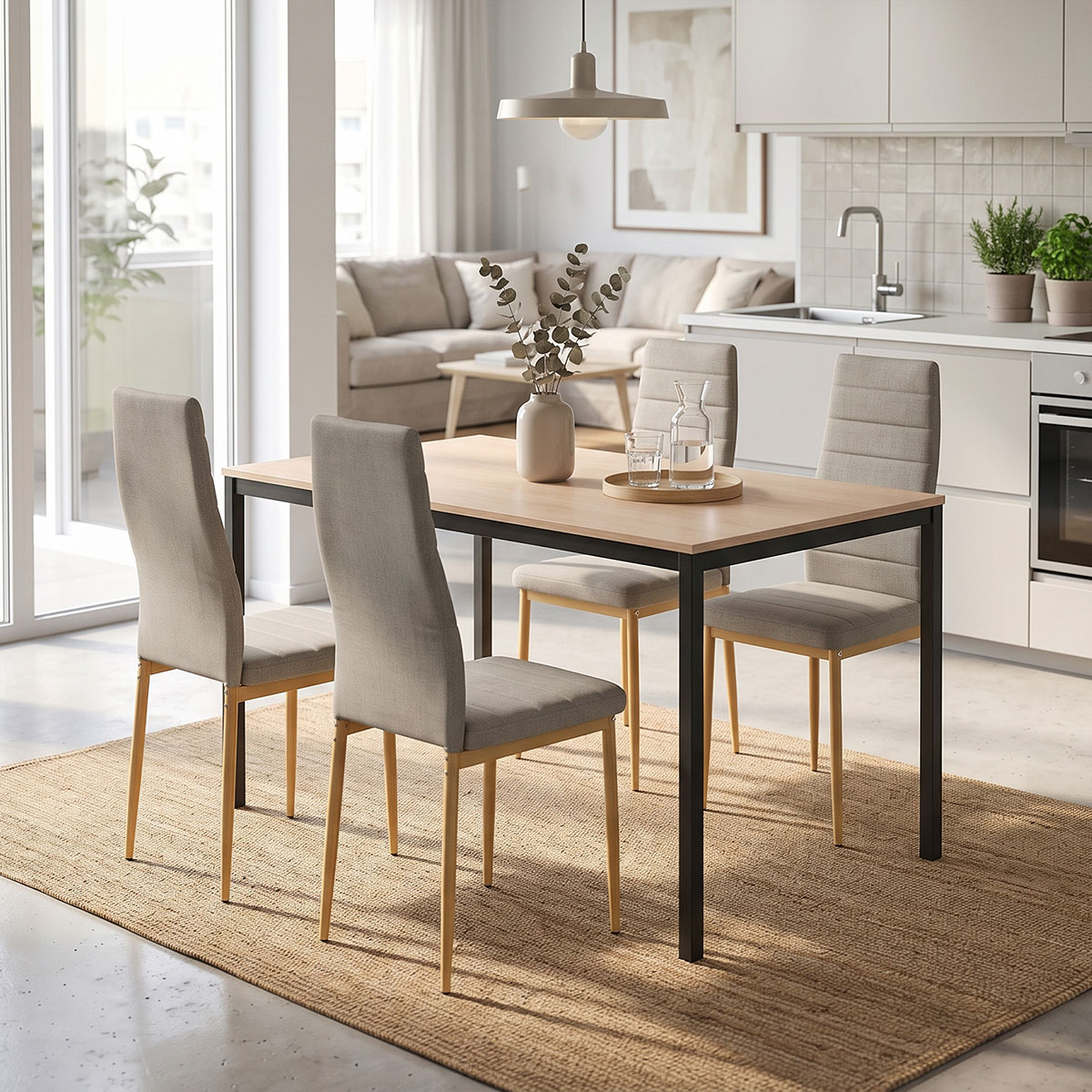 200-001895 Dining Table with Chairs Parker beige and Table Faragio black with natural shade 120x75x75cm Set 5pcs - Слика 1
