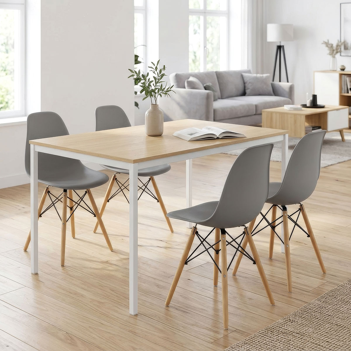 200-001898 Dining Table with Chairs Julita grey and Table Faragio white with natural shade 120x75x75cm Set 5pcs - Image 1