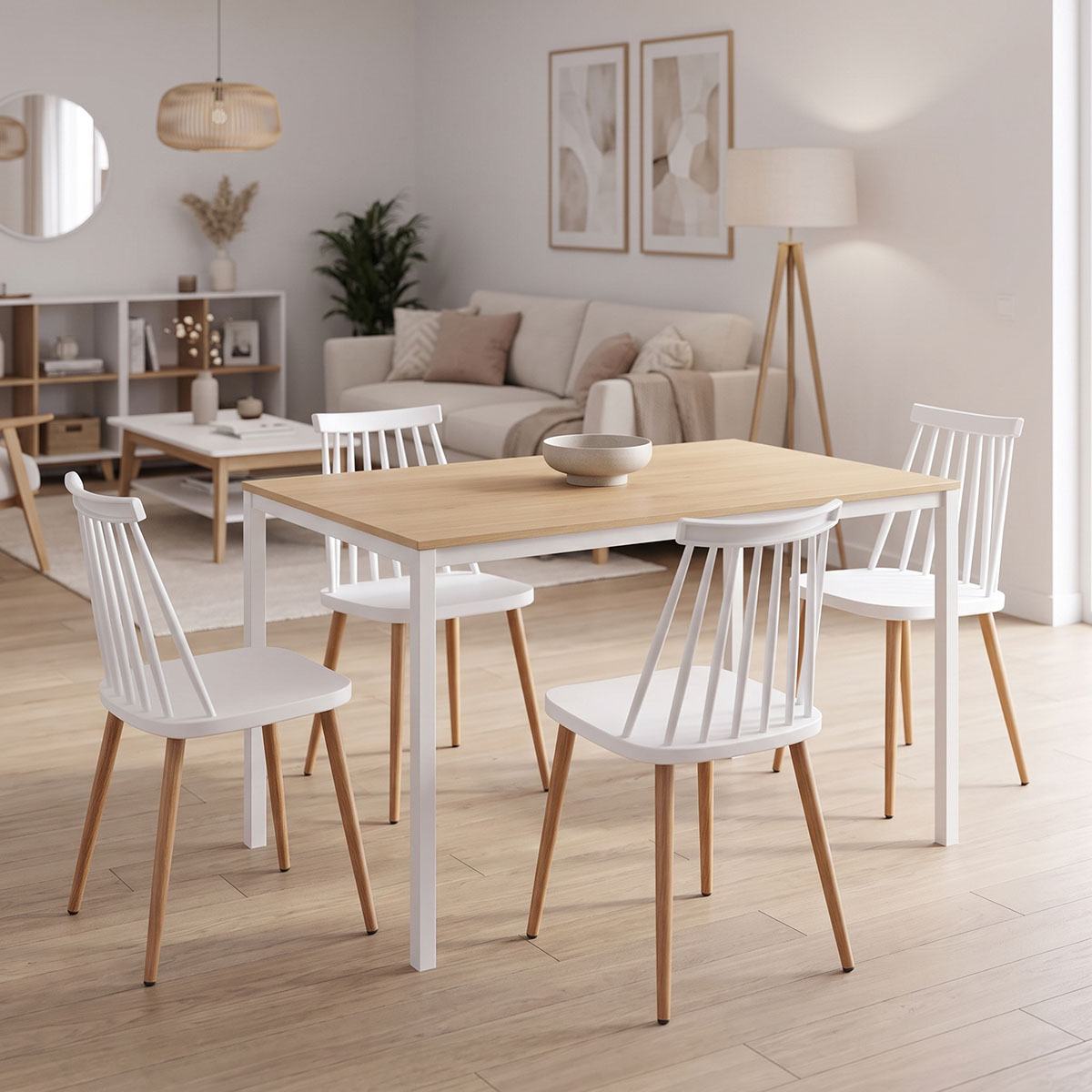 200-001899 Dining Table with Chairs Aurora white and Table Faragio white with natural shade 120x75x75cm Set 5pcs - Image 1