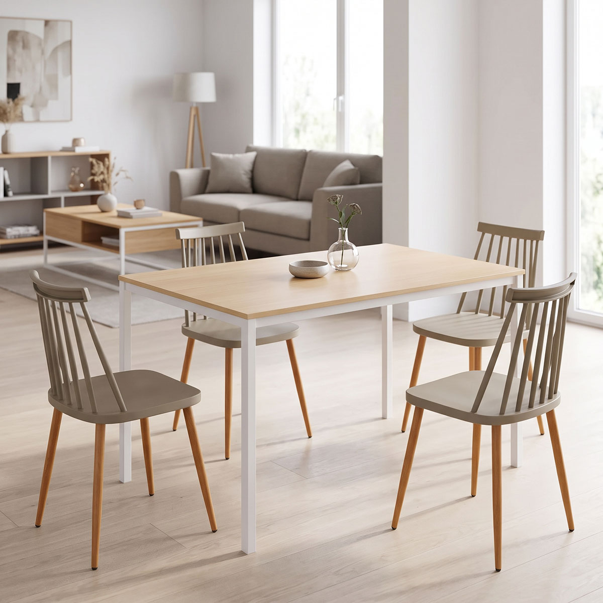 200-001900 Dining Table with Chairs Aurora mocha and Table Faragio white with natural shade 120x75x75cm Set 5pcs - Image 1