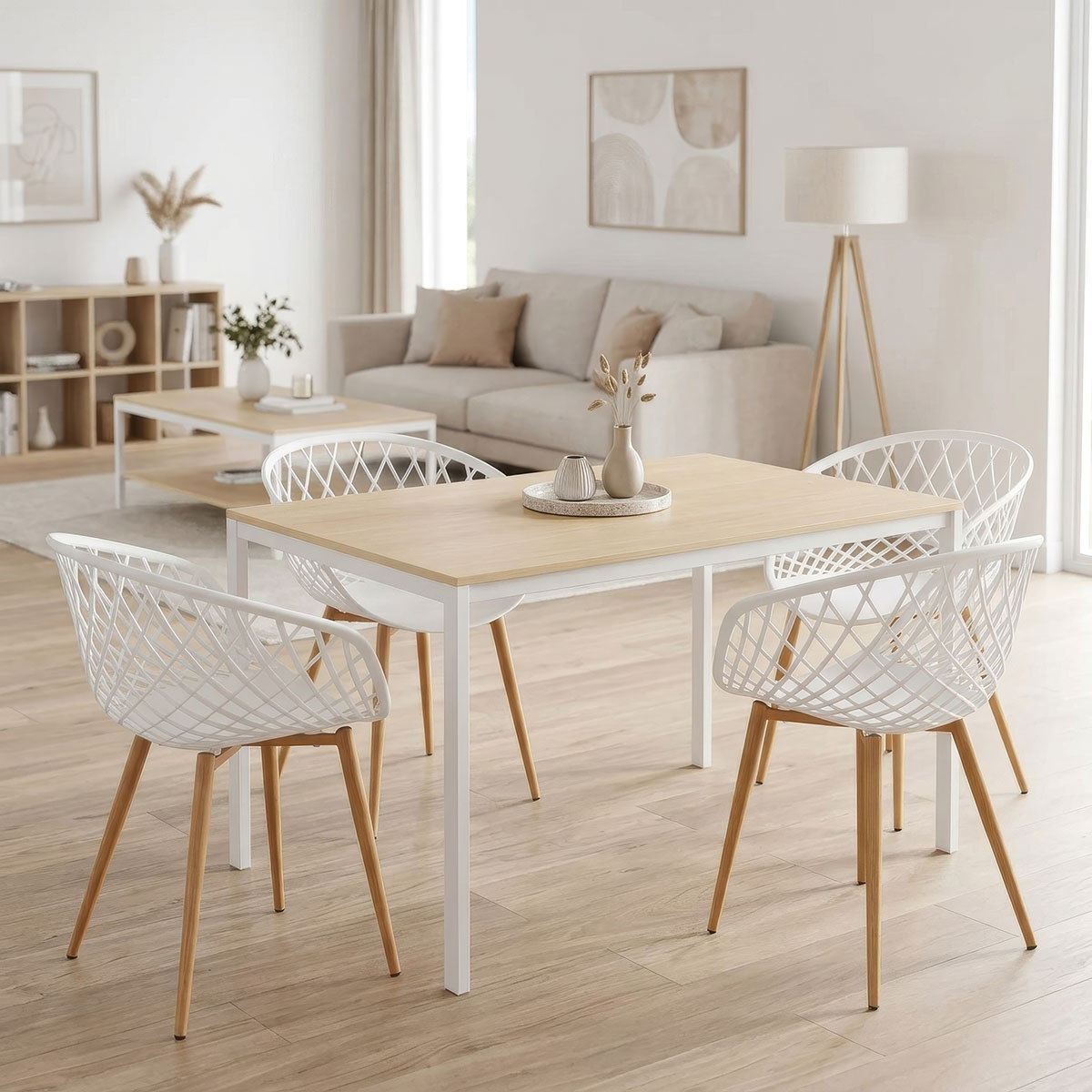 200-001901 Dining Table with Armhairs Ezra white and Table Faragio white with natural shade 120x75x75cm Set 5pcs - Слика 1