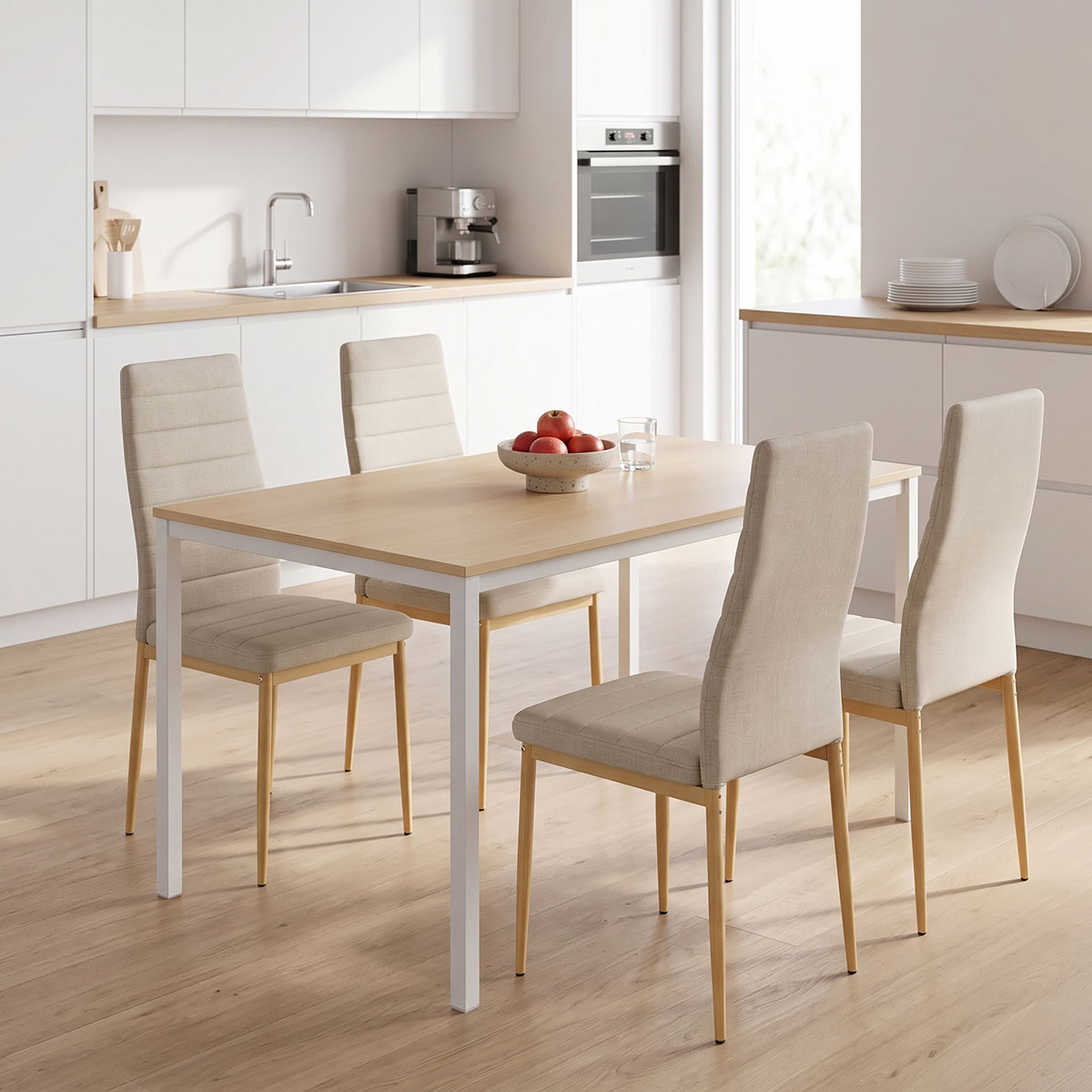 200-001904 Dining Table with Chairs Parker beige and Table Faragio white with natural shade 120x75x75cm Set 5pcs - Image 1