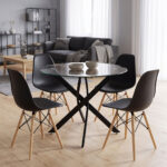 Dining room with Julita chairs black and Antoro table glass with black metal Φ80x75cm set 5pcs